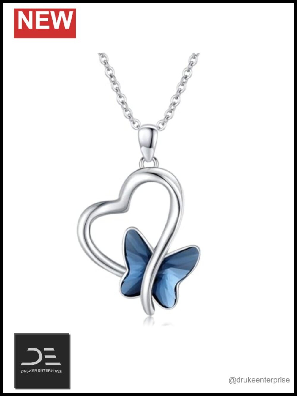 925 Sterling Silver Butterfly Pendant Necklace with Crystal, Heart Design, 18